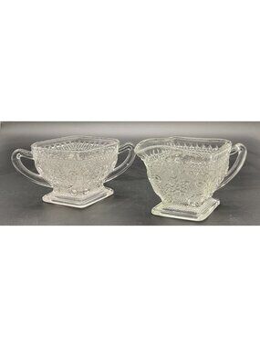 Vintage Indiana Glass Sandwich Tiara Pattern Sugar & Creamer Set 3"H x 5"W